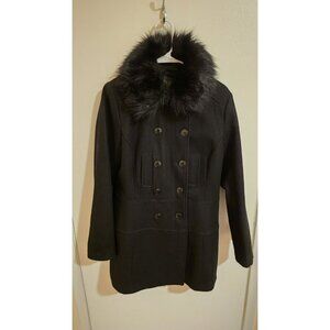 Roz & Ali Pea Coat Medium Faux Fur Collar Double Breasted Wool Blend Classic Y2K